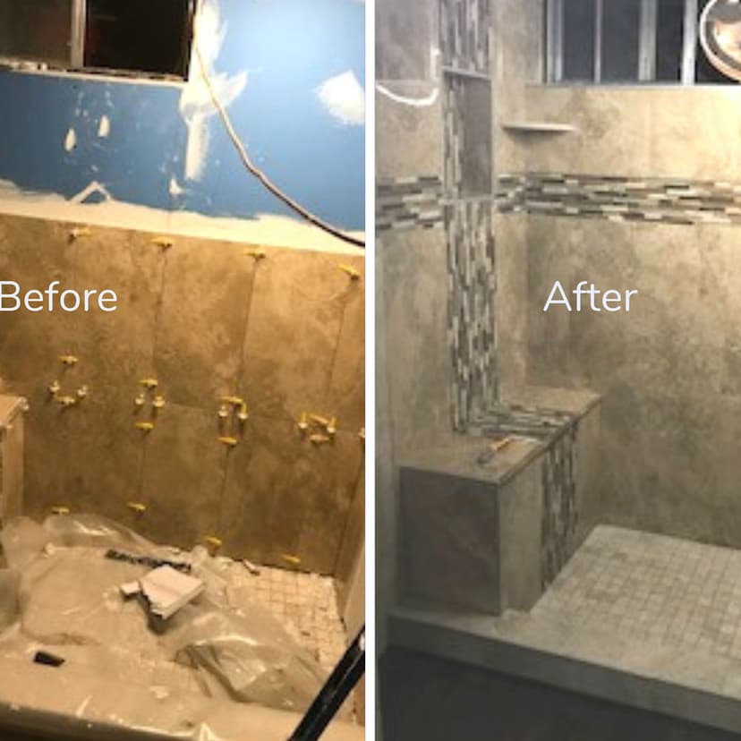 Bathroom renovation before and after showcasing tile installation and modern fixtures.